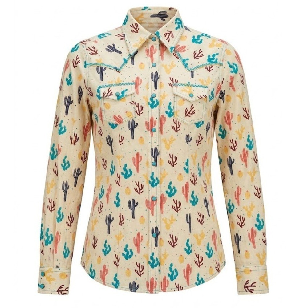 Wrangler Womens Cactus Print Western Snap Shirt Cream Small Whimsical - AC